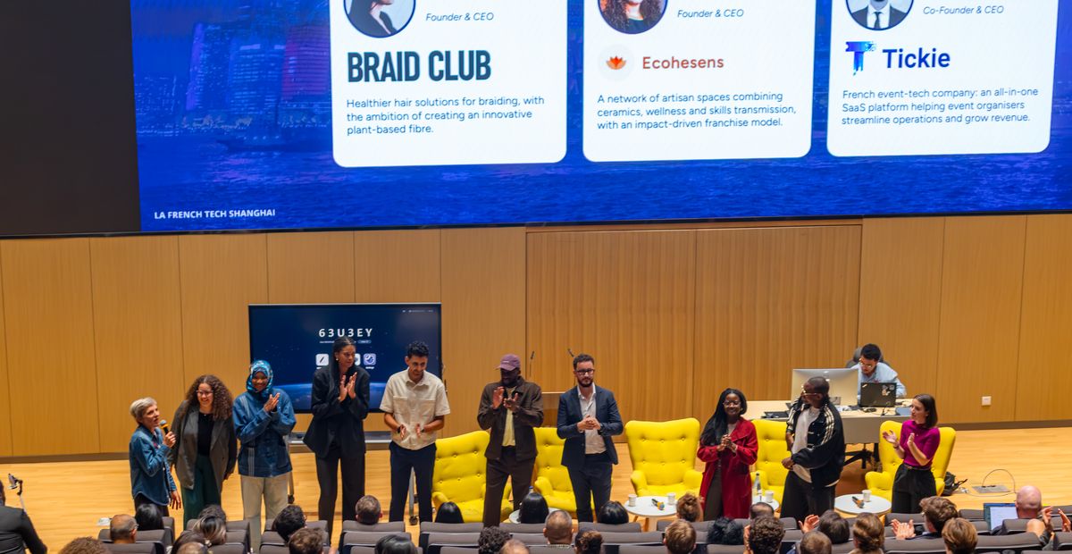 The seven Les Déterminés founders on stage after their pitches